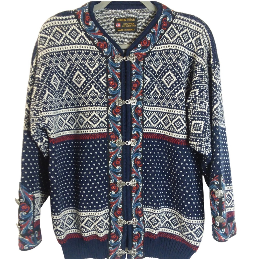 Norsk Wear 100% Wool Cardigan‎ Sweater Scandi Fair Isle Knit Vintage Norway Sz S